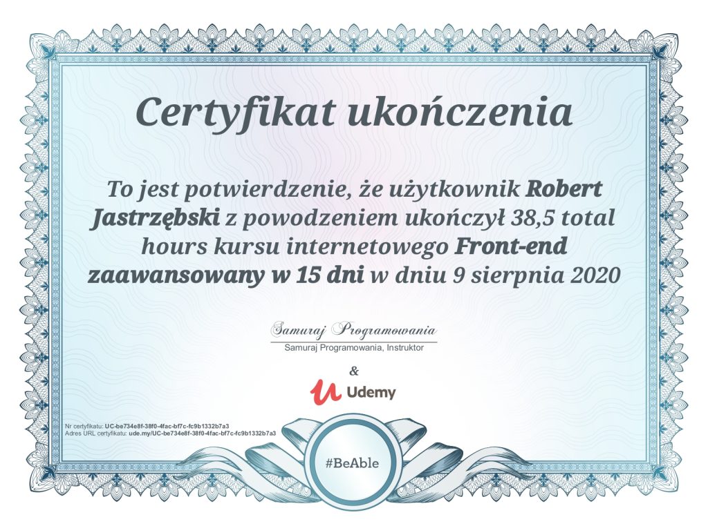 certyfikat ukończenia kursu frontend developer