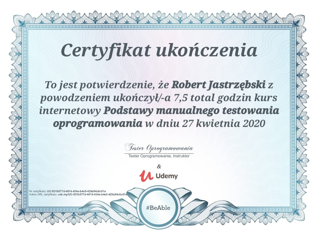 certyfikat ukończenia kursu podstawy manualnego testowania oprogramowania