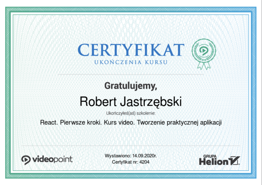certyfikat ukończenia kursu React pierwsze kroki