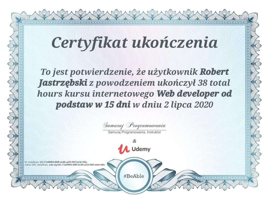 certyfikat ukończenia kursu web developer w 15 dni